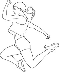 Girl runner in action, running athlete woman, vector outline illustration