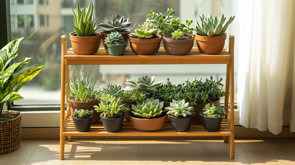 Fototapeta premium Succulent collection in terracotta and black pots on wooden stand.