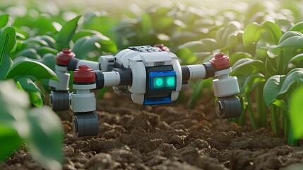 Robotic agricultural assistant tending to crops in a lush green field