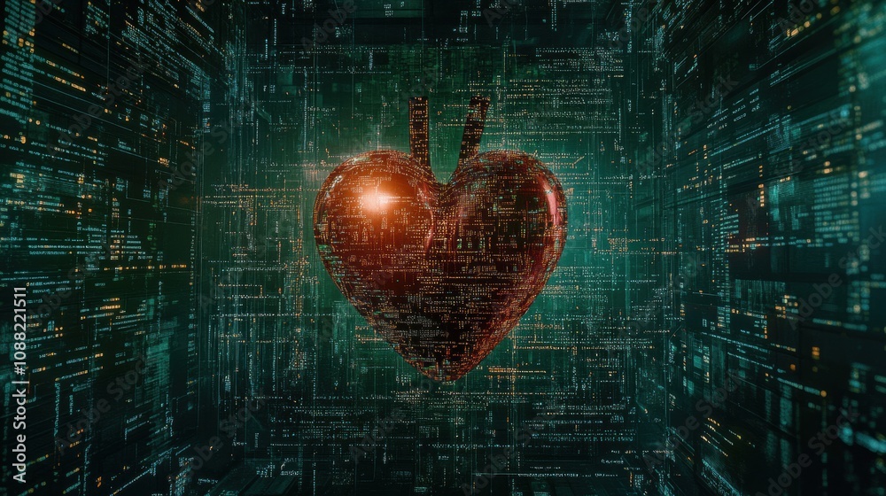 Poster The heart is depicted in a vibrant digital setting, immersed in streams of code and glowing data representing advanced technology. Generative AI