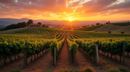 Fototapeta premium Mediterranean Vineyard at Sunset: 