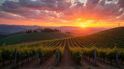 Mediterranean Vineyard at Sunset: "A Mediterranean vineyard on rolling hills with rows of grapevines, under a colorful sunset sky, with distant olive trees and a rustic farmhouse; warm and inviting, 
