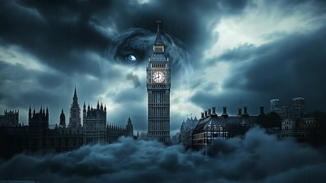 Gothic clocktower cityscape beneath turbulent storm clouds. Massive ethereal wraith face emerges from swirling temporal vortex. 