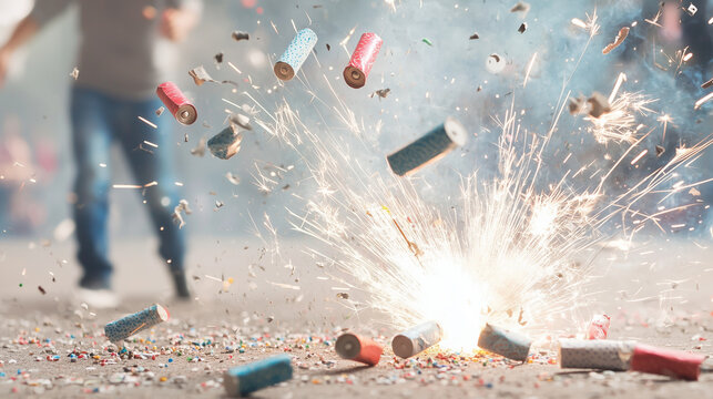 Fireworks Malfunction: A dramatic close-up captures the chaotic aftermath of a firework exploding prematurely, scattering debris on the ground with a person blurred in the background.
