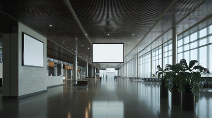 Empty Airport Terminal with Blank Advertisement Displays