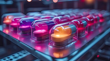 Vibrant capsules displayed in protective casings on a shelf
