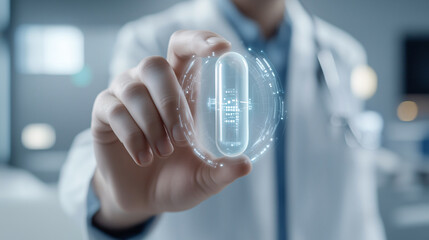 Hand holding a capsule with holographic medical data around it, representing advanced medicine