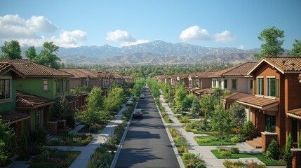 Fototapeta premium Serene suburban street with houses and mountains in the background.