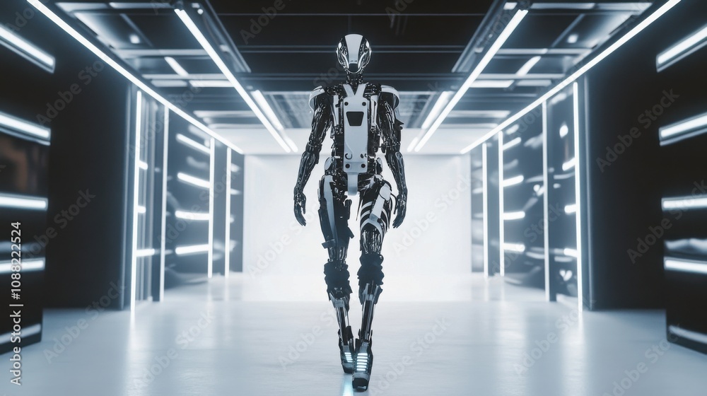 Poster a robotic fashion stylist creating avant-garde outfits for a futuristic runway show, avant-garde and