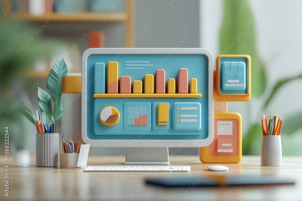 Poster a colorful, modern desktop setup featuring a computer screen with graphs and charts, surrounded by p