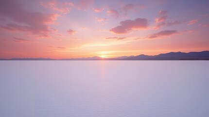 Salt Flats at Sunrise: "Endless white salt flats under a colorful sunrise sky with pink, orange, and purple tones, reflecting the horizon and distant mountains; minimalist and otherworldly."