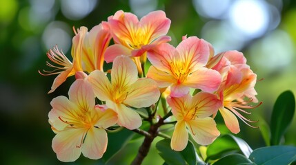 Fototapeta premium A vibrant cluster of flowers showcasing shades of pink and yellow against a blurred green backdrop.