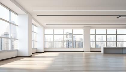Fototapeta premium Empty Modern Office Space with City View Large Windows Hardwood Floor
