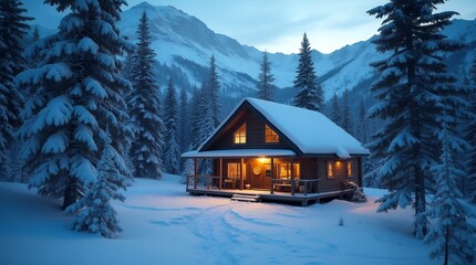 Fototapeta premium Snowy Mountain Cabin: 