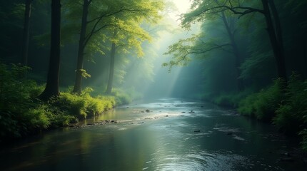 Obraz premium Sunlit River in Dense Forest: 