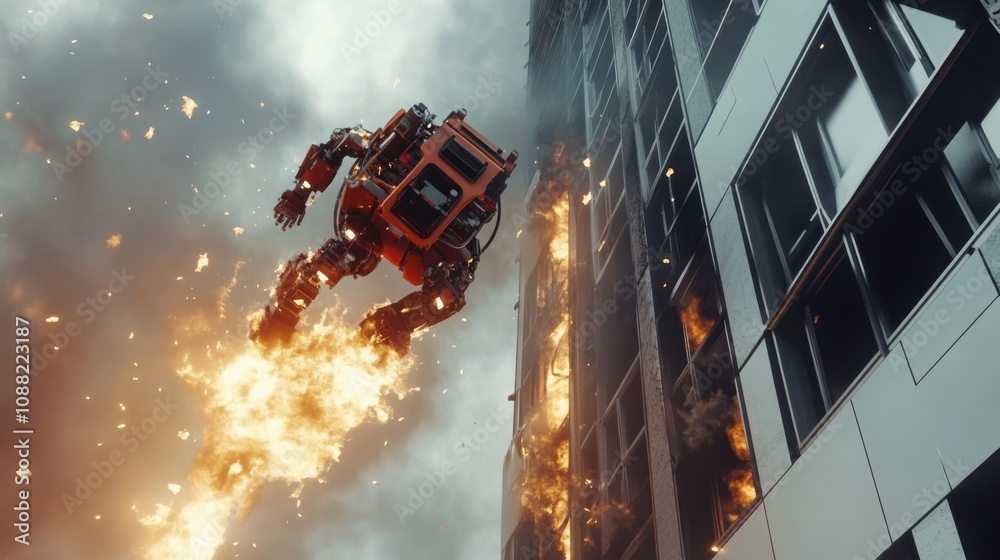 Poster a robotic firefighter battling a blaze in a high-rise skyscraper, intense and emergency setting with