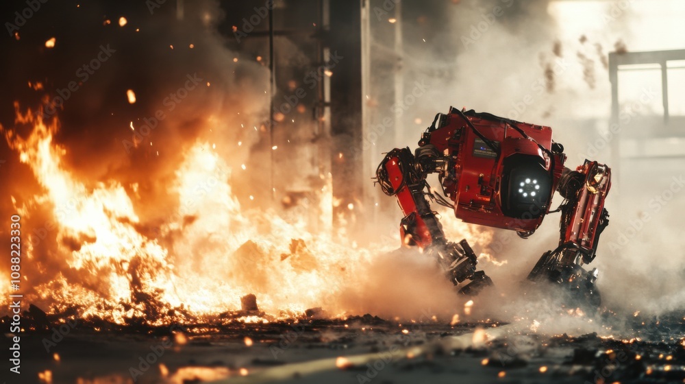 Poster a robotic firefighter battling a blaze in an urban environment, intense and chaotic setting with smo