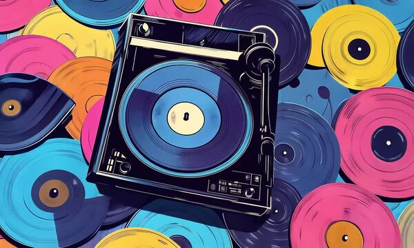 Retro Turntable Surrounded by Colorful Vinyl Records with ai generated.

