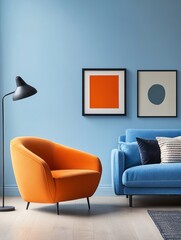 Modern Living Room Orange Chair Blue Sofa Decor