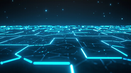 Digital Network Abstract: A mesmerizing 3D rendering depicting a futuristic cityscape composed of glowing blue lines, creating an intricate and dynamic network.