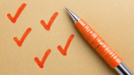 Orange pen with check marks on a yellow background