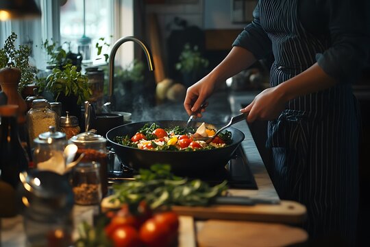 A person cooking vegetables in a cozy kitchen filled with fresh ingredients and herbs.