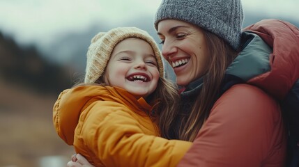 Obraz premium A joyful mother and child embrace outdoors, smiling in warm winter clothing.