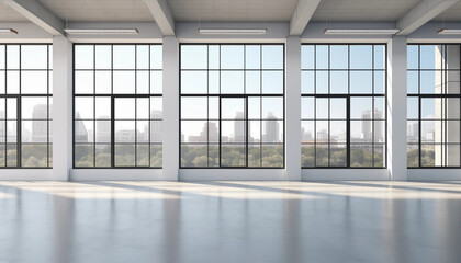 Fototapeta premium Empty Loft Space with Large Windows and City View