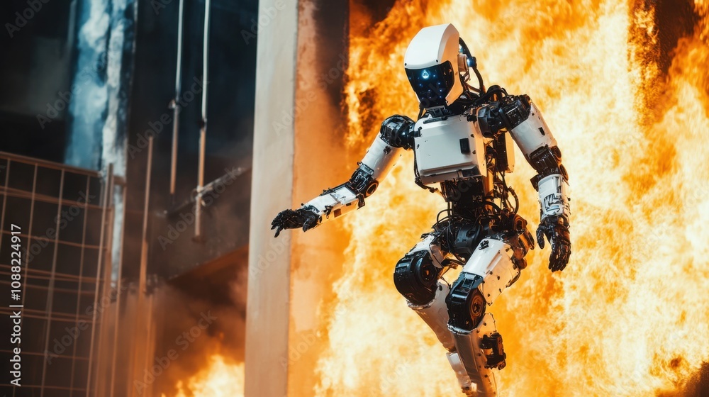 Poster a robotic firefighter rescuing a trapped victim in a burning building, dramatic and hazardous urban 