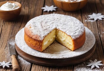 A close-up of a round cake topped with cream and powdered sugar on a wooden background