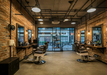 interior of barbershop, industrial concept with red brick on the walls