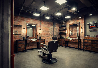 interior of barbershop, industrial concept with red brick on the walls