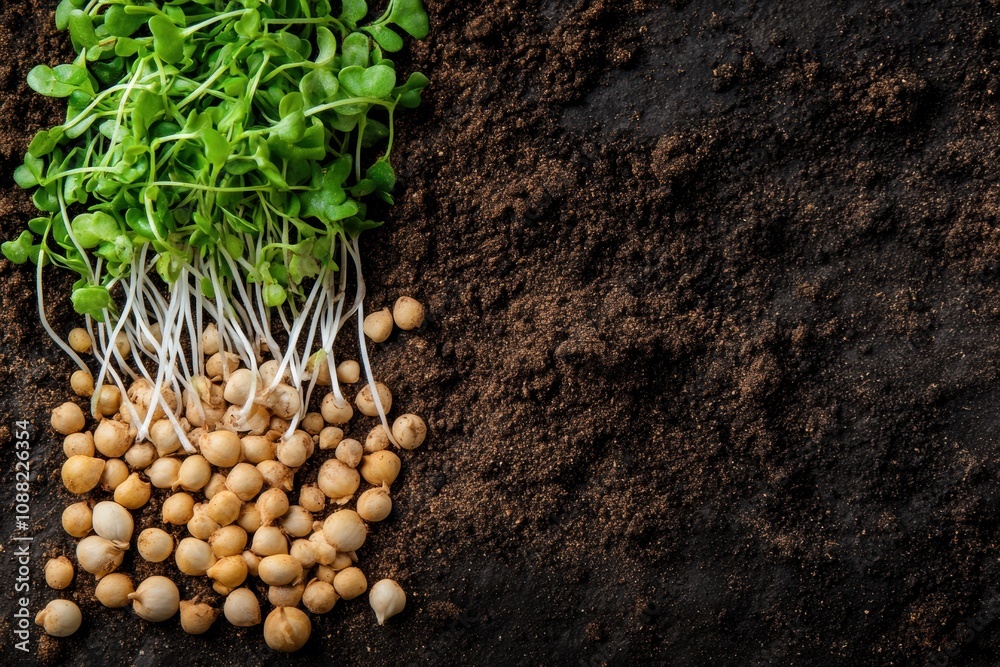 Poster fresh green sprouts and beige seeds lie on dark, fertile soil, illustrating the initial stages of pl