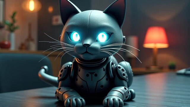 Cybernetic Feline: A Futuristic Robotic Cat in a Cozy Setting