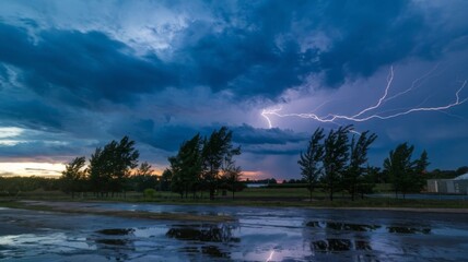 Thunderstorm brewing after sunset, lightning strikes before rain in summer