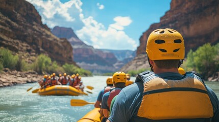 A group of people rafting on a river surrounded by canyon walls under a bright sky.