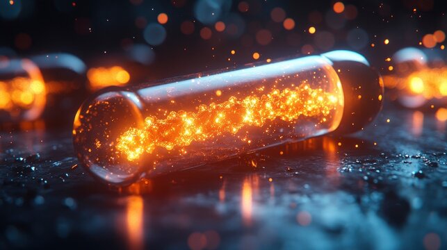 Glowing test tube filled with sparkling particles on a dark surface