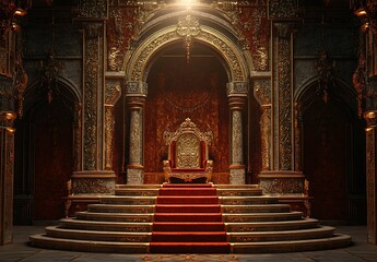 A lavish throne room adorned with gold and silver accents, featuring plush velvet armchairs around an opulent golden throne, surrounded by intricately carved columns and intricate patterns on the wall