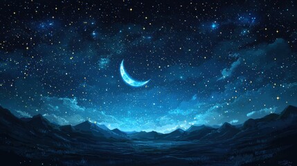 Fototapeta premium Serene Night Sky Over Majestic Mountains with a Bright Moon and Sparkling Stars in a Tranquil Landscape Setting for Nature and Astronomy Themes