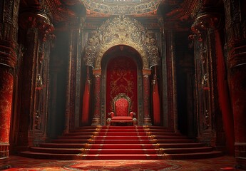 A lavish throne room adorned with gold and silver accents, featuring plush velvet armchairs around an opulent golden throne, surrounded by intricately carved columns and intricate patterns on the wall