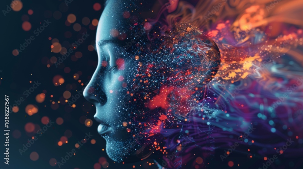 Poster woman's profile merges with abstract shapes and particles, symbolizing the integration of humans wit