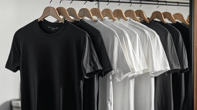 A row of shirts hanging on a rack, including black and white shirts. The shirts are neatly folded and arranged in a row