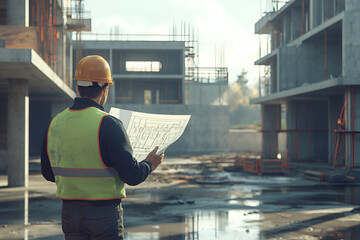 Construction worker analyzing blueprints housing estate professional insight urban development ground level aofthanit concept