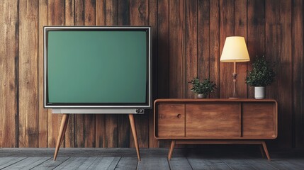 A retro living room setup featuring a vintage television, wooden furniture, and a stylish lamp against a rustic wooden wall.