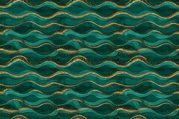 Teal and Gold Waves Pattern, 300 DPI, CMYK, Print-Ready