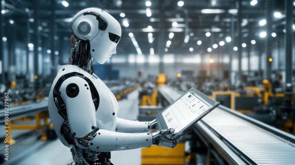 Poster a robotic inspector evaluating machinery in an industrial factory, busy and mechanical setting with 