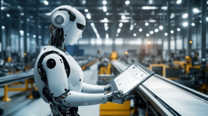 Fototapeta premium A robotic inspector evaluating machinery in an industrial factory, busy and mechanical setting with conveyor belts and assembly lines, Industrial Robotics style