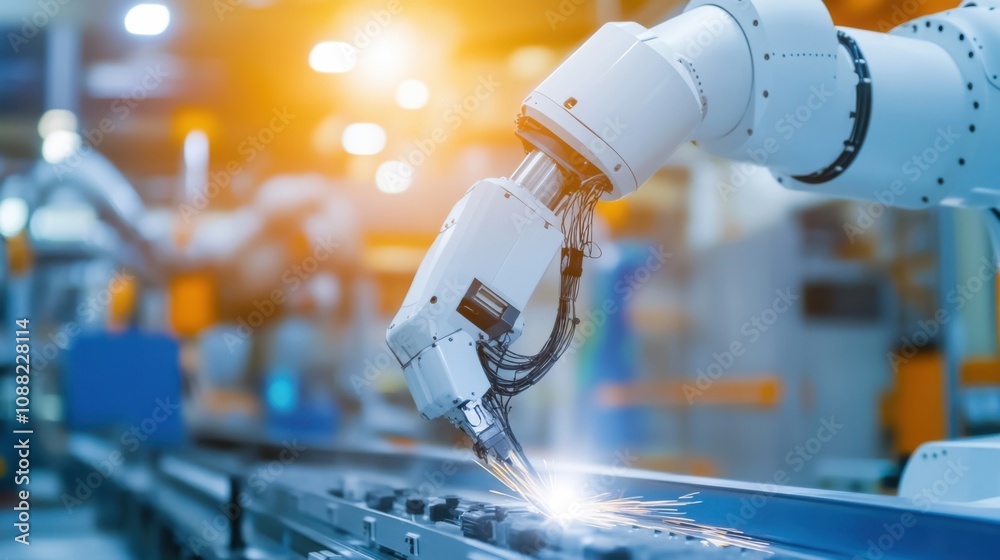 Poster a robotic inspector evaluating machinery in an industrial factory, busy and mechanical setting with 