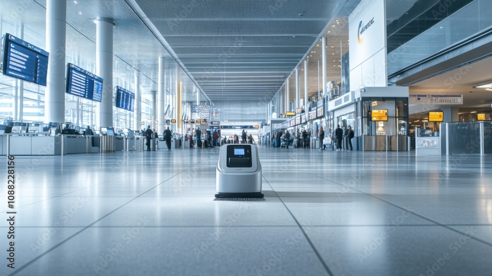 Aufkleber a robotic janitor cleaning a busy airport terminal, modern and bustling setting with travelers and d
