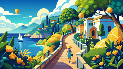 Scenic Mediterranean Coastal Walkway with Vibrant Nature Illustration